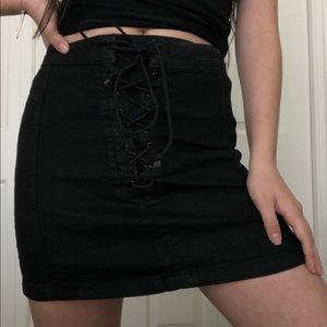 lace up black denim skirt